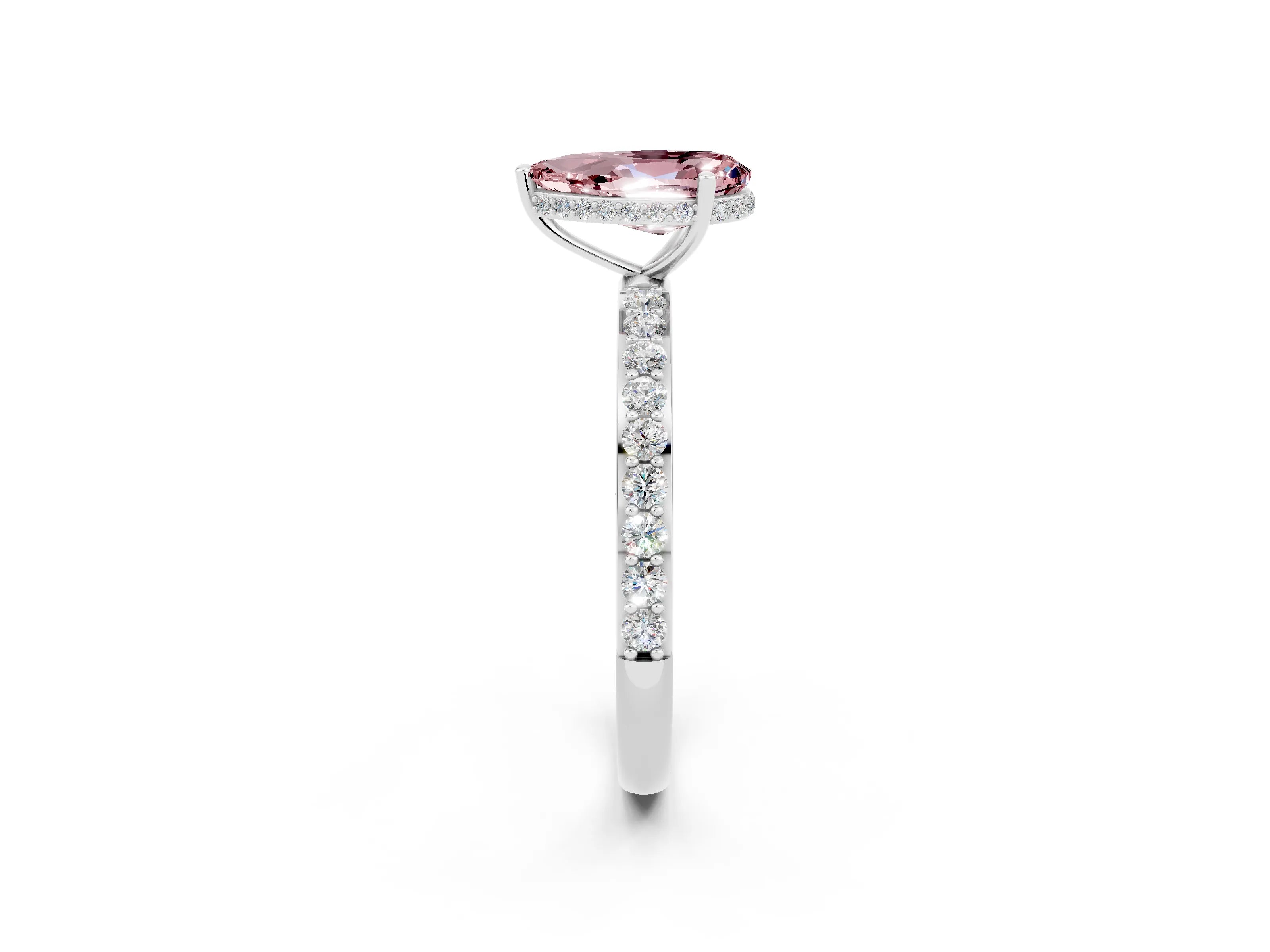 White gold Pear Cut Morganite Solitaire Ring with Pavé Band and Hidden Halo_2