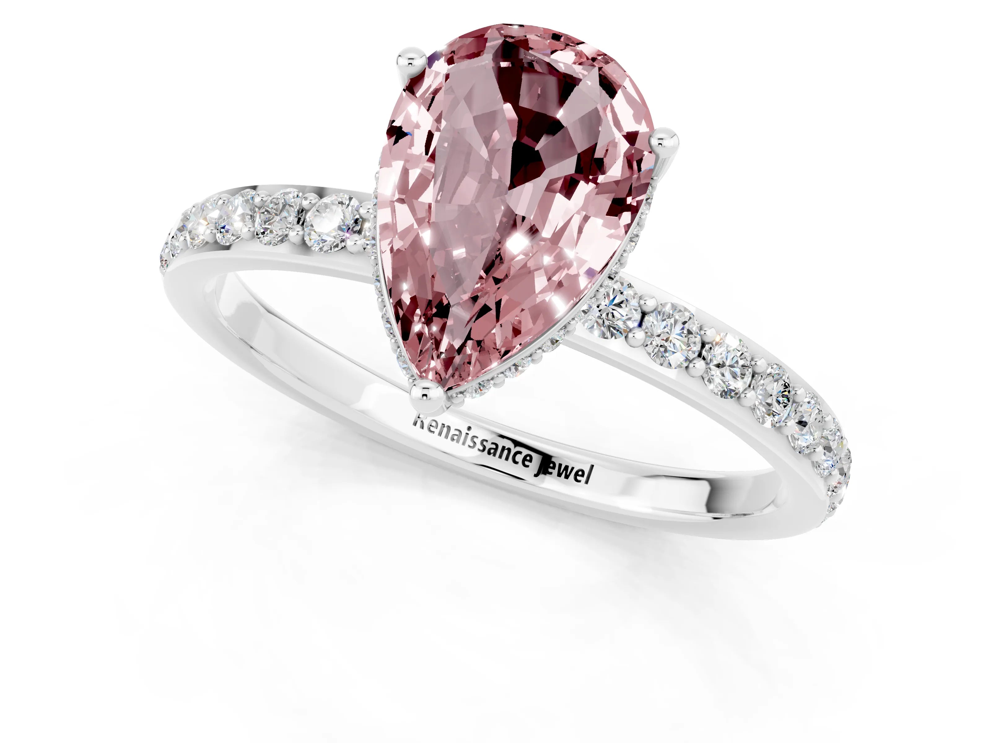 White gold Pear Cut Morganite Solitaire Ring with Pavé Band and Hidden Halo_25