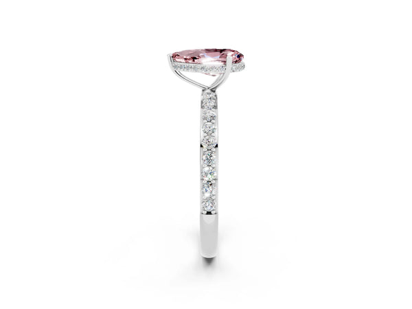 White gold Pear Cut Morganite Solitaire Ring with Pavé Band and Hidden Halo
