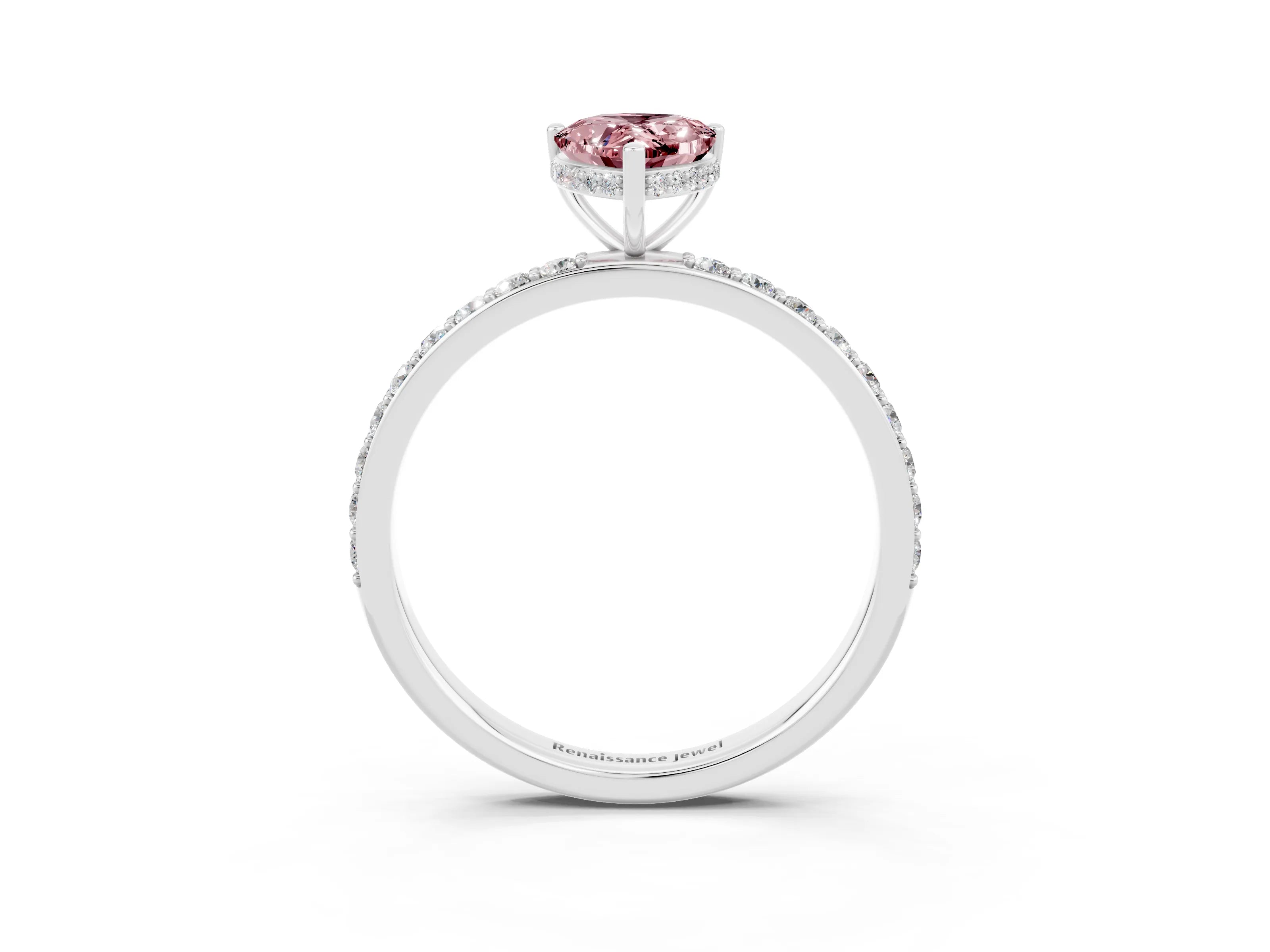 White gold Pear Cut Morganite Solitaire Ring with Pavé Band and Hidden Halo_3