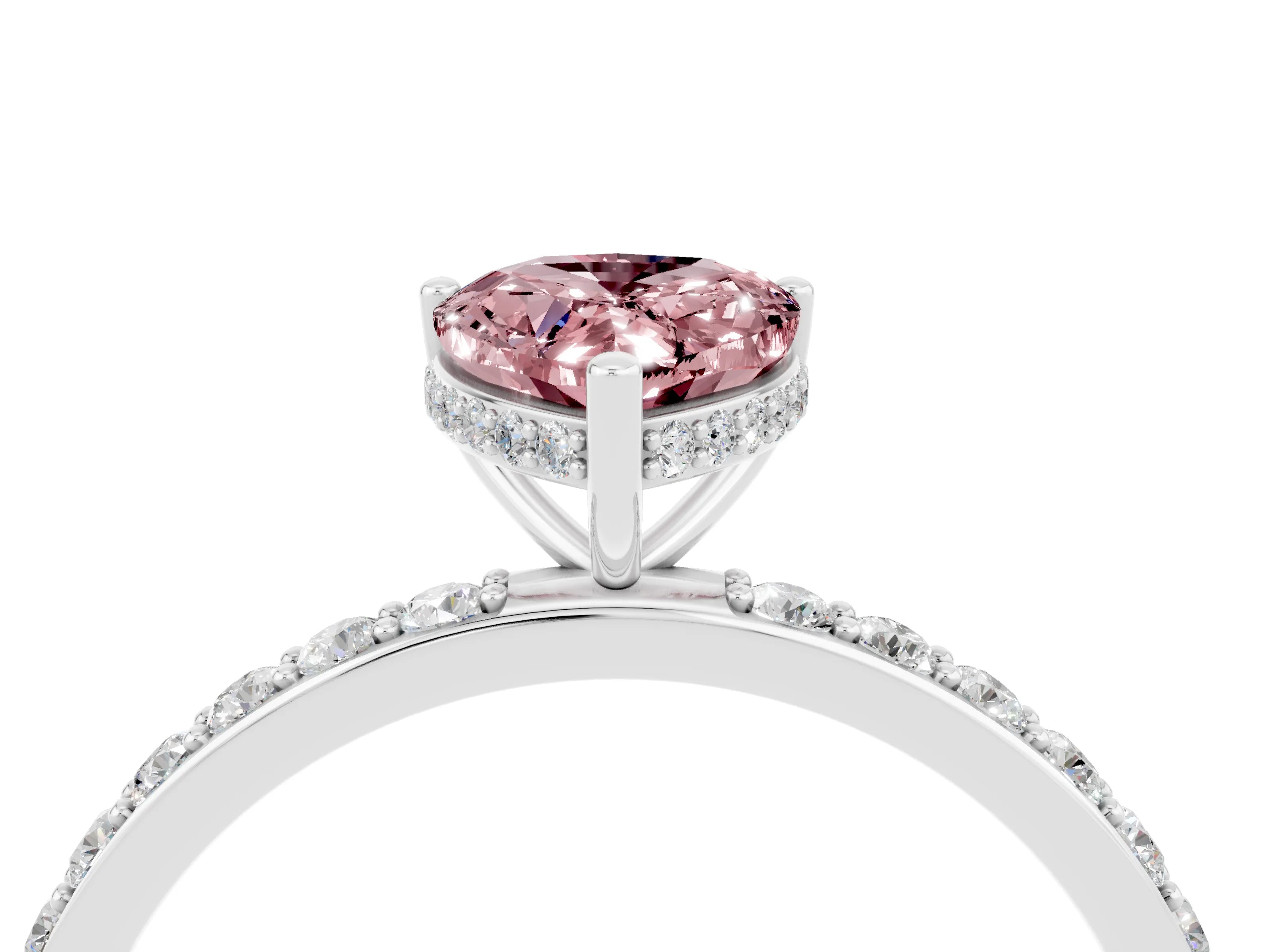 White gold Pear Cut Morganite Solitaire Ring with Pavé Band and Hidden Halo_4