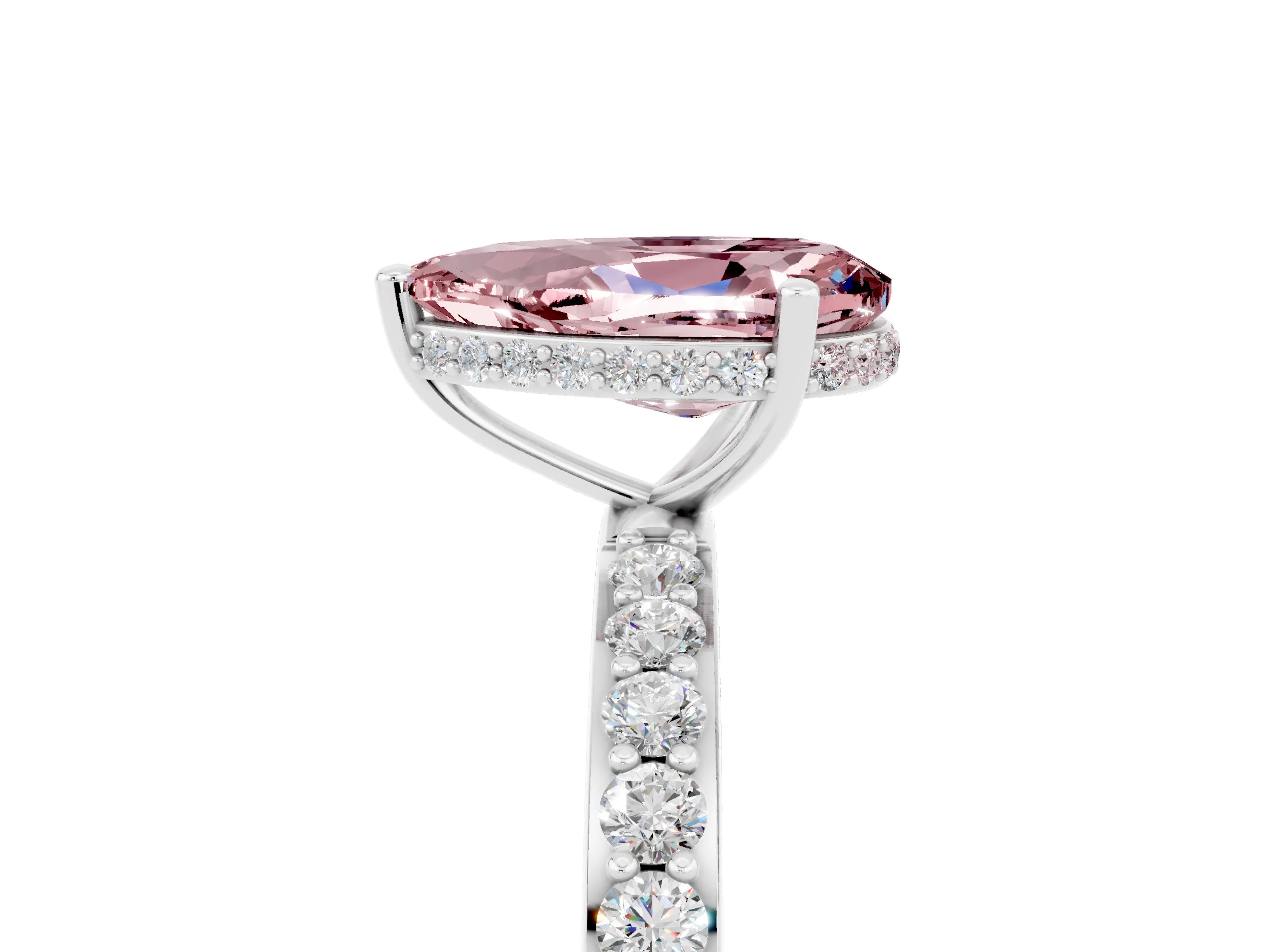 White gold Pear Cut Morganite Solitaire Ring with Pavé Band and Hidden Halo_5