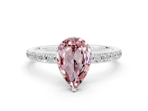 White gold Pear Cut Morganite Solitaire Ring with Pavé Band and Hidden Halo