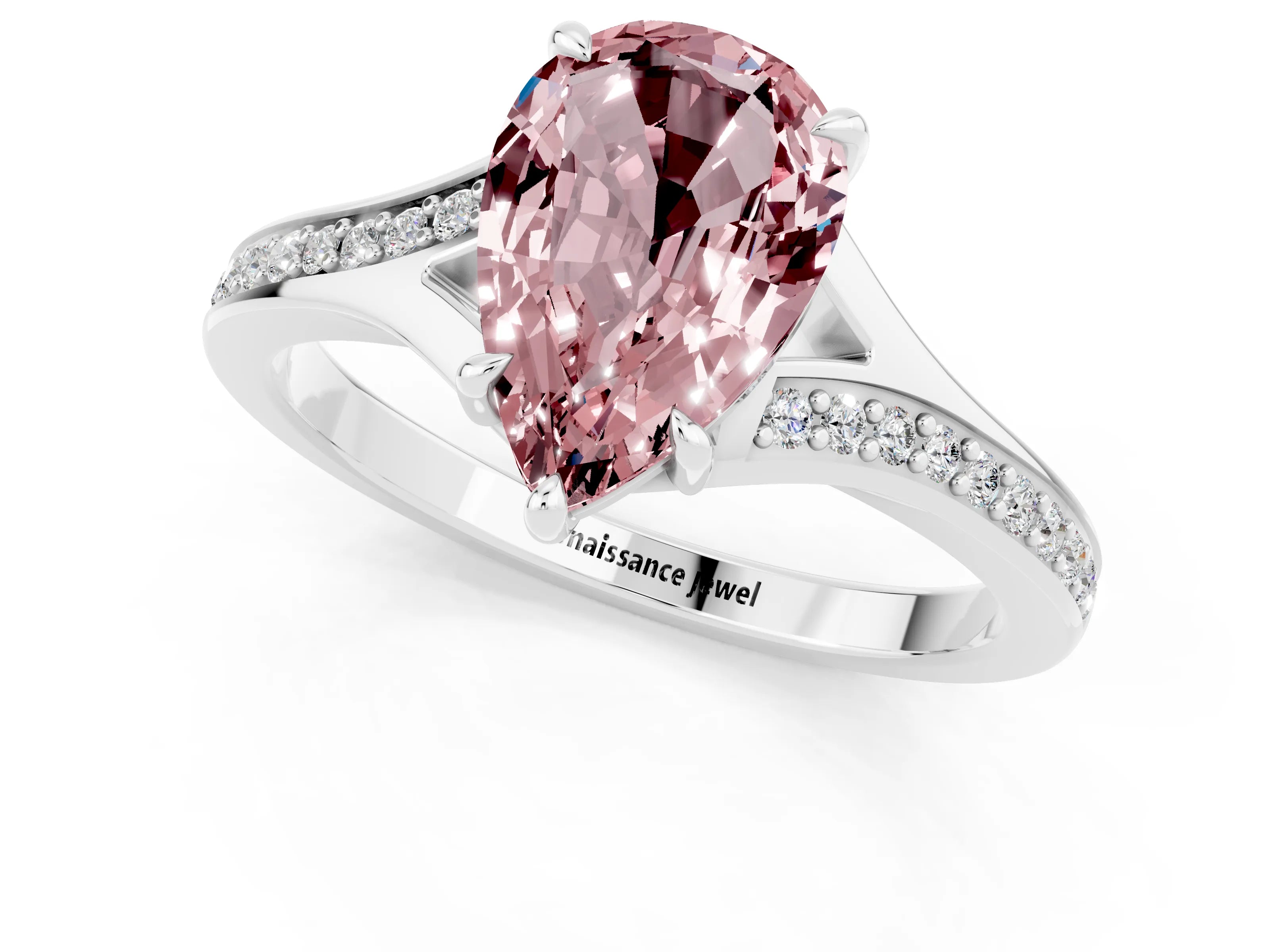 White gold Pear Cut Morganite Solitaire Ring with Pavé Band and Prong Setting_1
