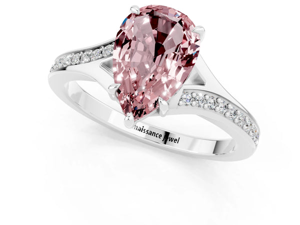 Silver Pear Cut Morganite Solitaire Ring with Pavé Band and Prong Setting