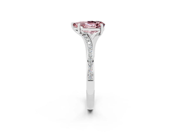Platinum Pear Cut Morganite Solitaire Ring with Pavé Band and Prong Setting
