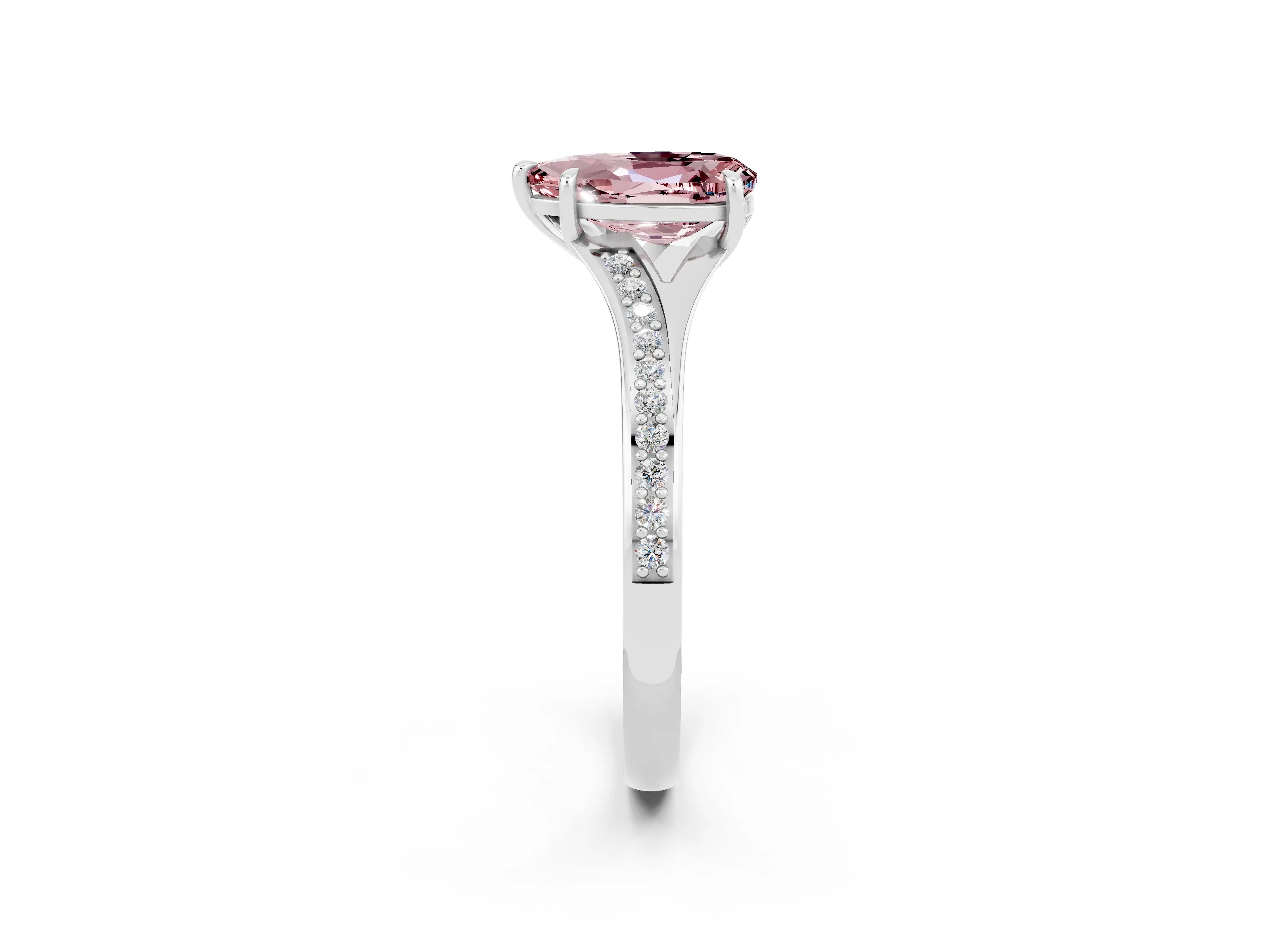 White gold Pear Cut Morganite Solitaire Ring with Pavé Band and Prong Setting_2