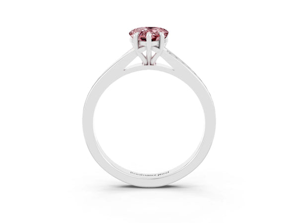 Platinum Pear Cut Morganite Solitaire Ring with Pavé Band and Prong Setting