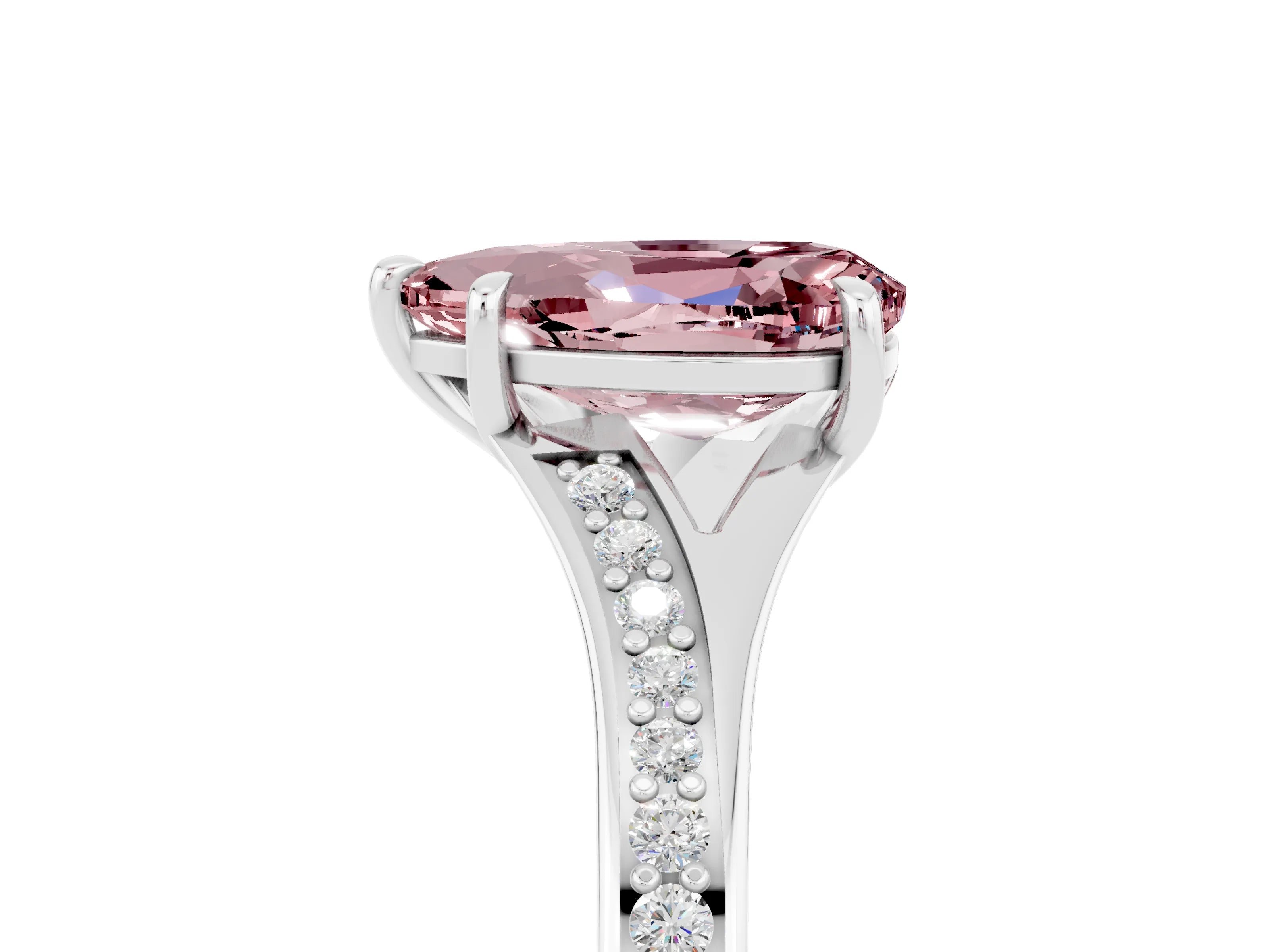 White gold Pear Cut Morganite Solitaire Ring with Pavé Band and Prong Setting_5