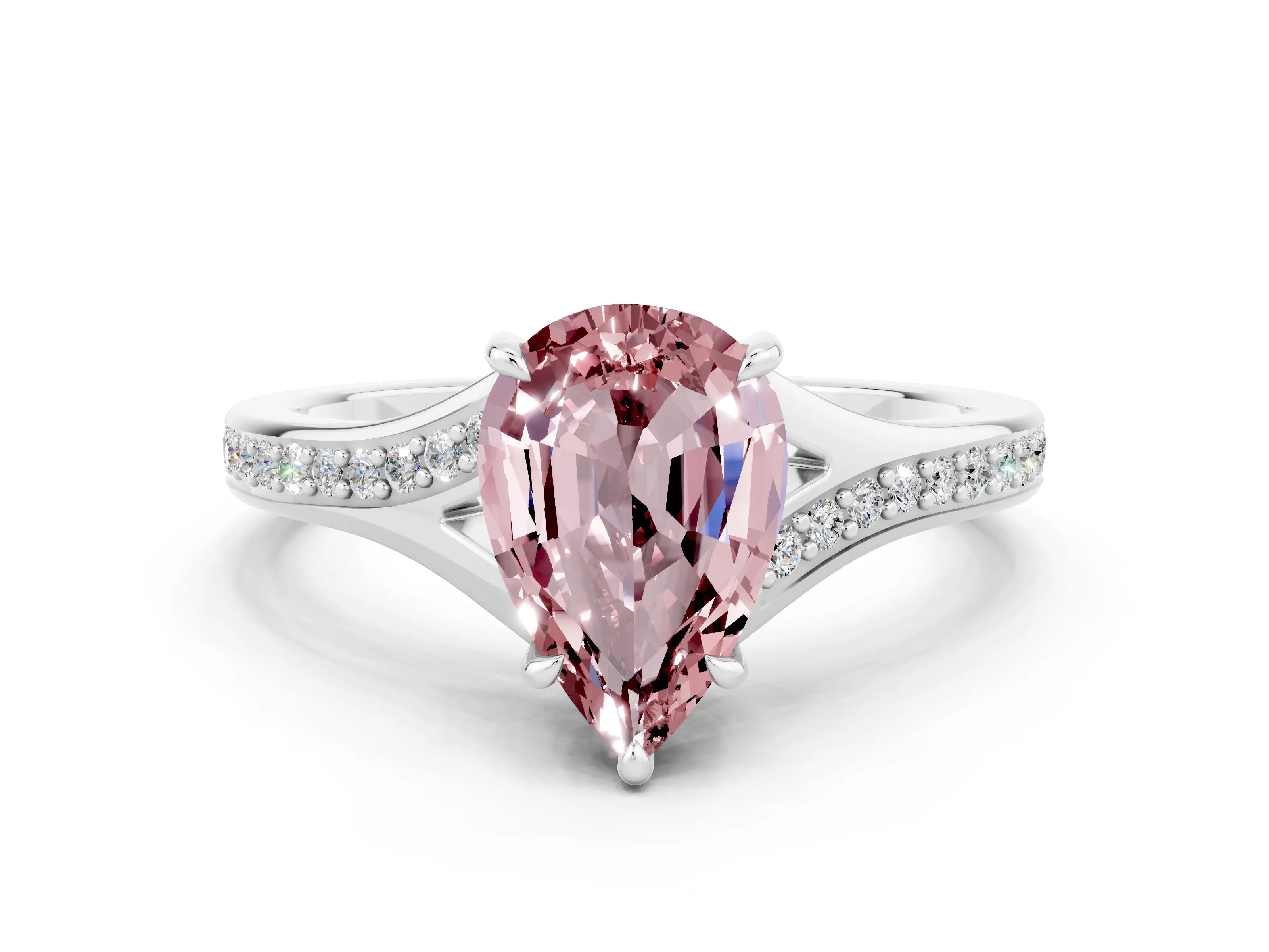 White gold Pear Cut Morganite Solitaire Ring with Pavé Band and Prong Setting