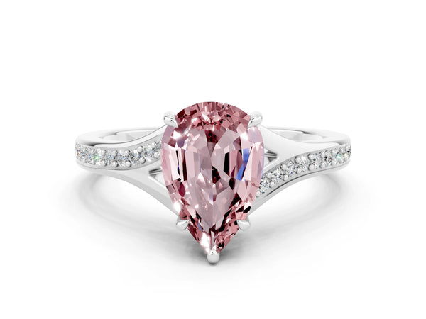 White gold Pear Cut Morganite Solitaire Ring with Pavé Band and Prong Setting