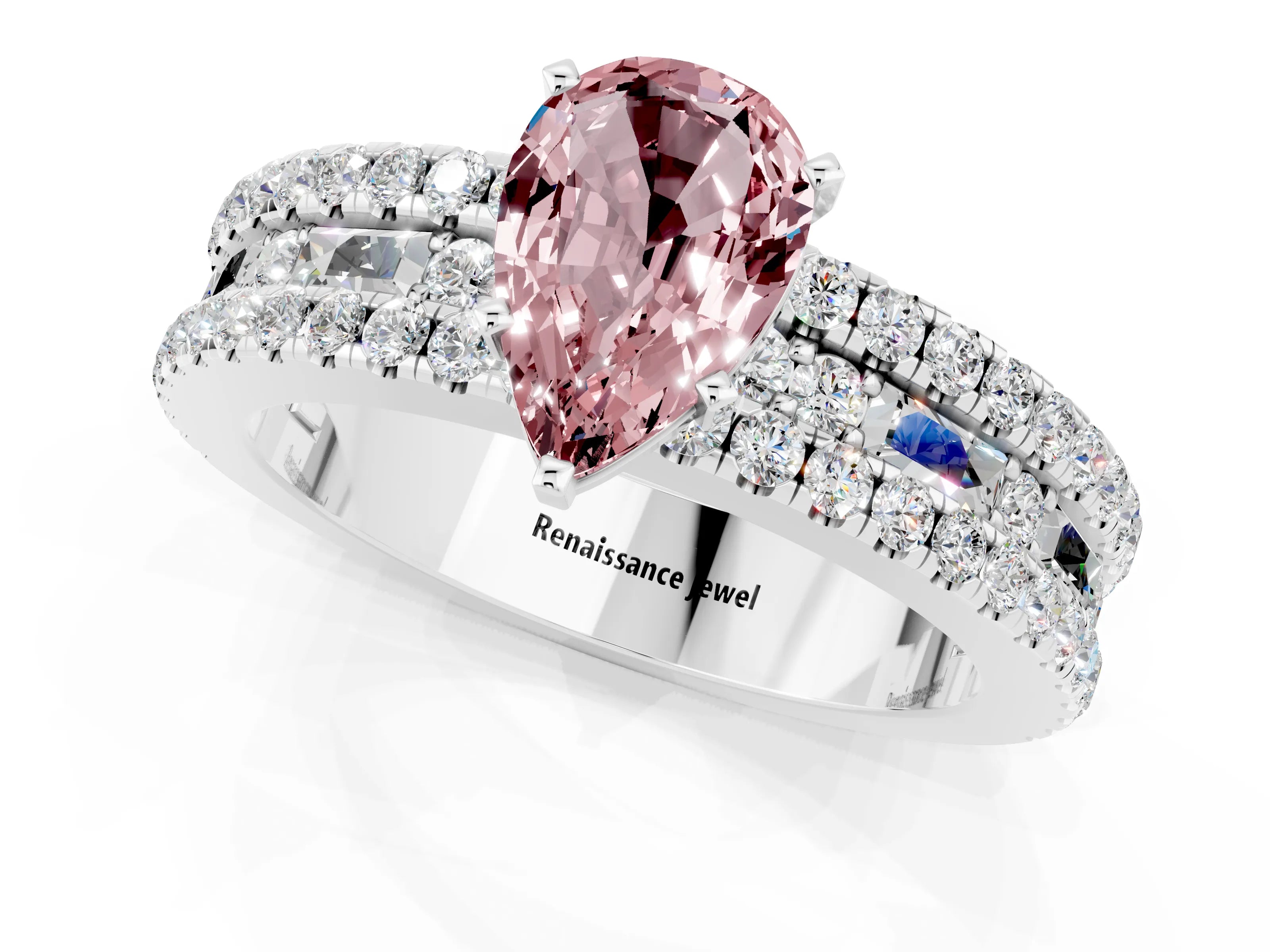 White gold Pear Cut Morganite Solitaire Ring with Pavé and Channel Set Band_1