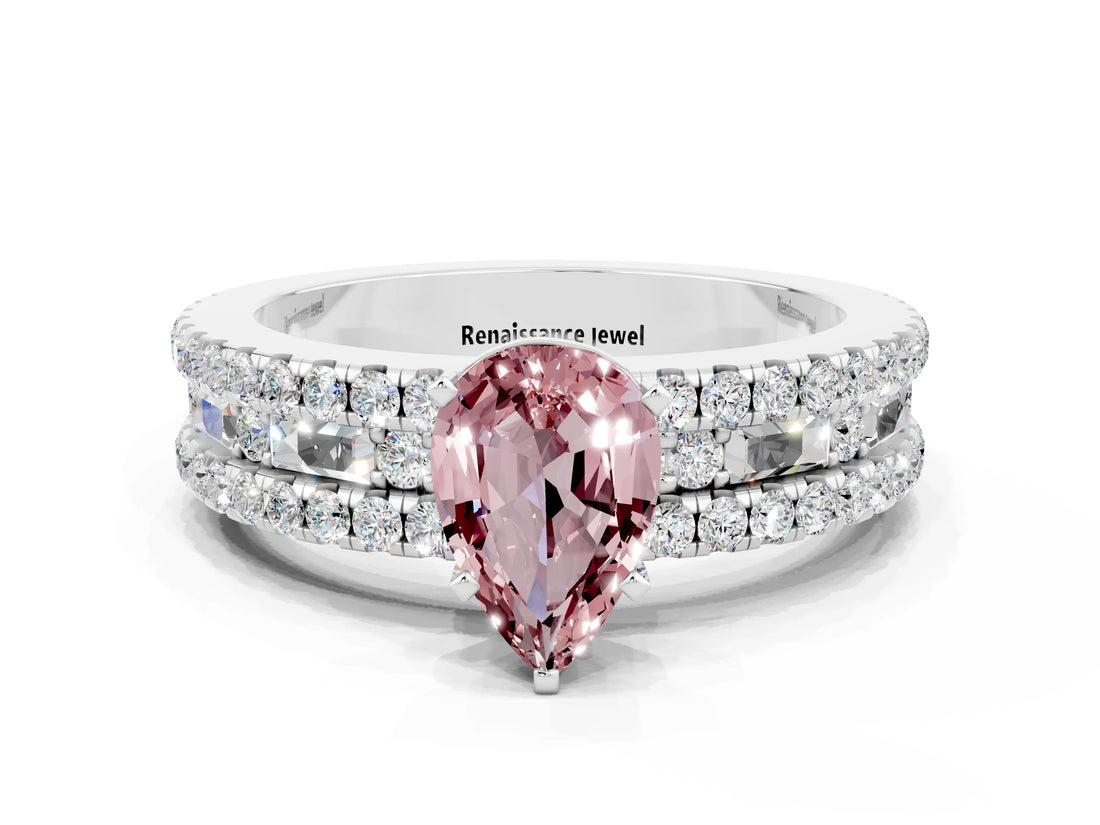 White gold Pear Cut Morganite Solitaire Ring with Pavé and Channel Set Band