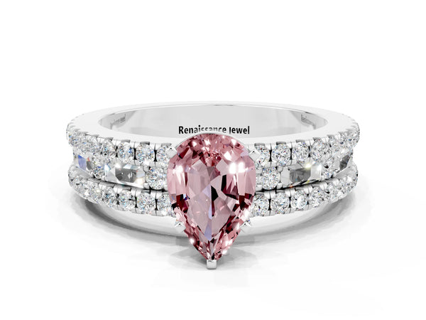 White gold Pear Cut Morganite Solitaire Ring with Pavé and Channel Set Band