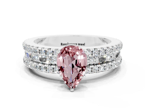White gold Pear Cut Morganite Solitaire Ring with Pavé and Channel Set Band