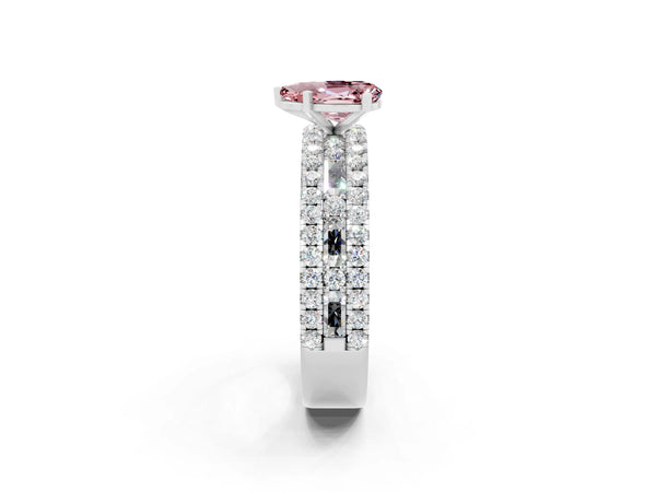 White gold Pear Cut Morganite Solitaire Ring with Pavé and Channel Set Band