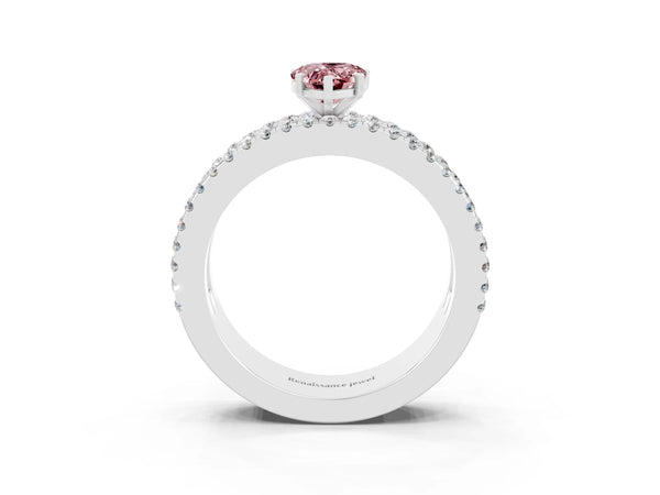 Silver Pear Cut Morganite Solitaire Ring with Pavé and Channel Set Band