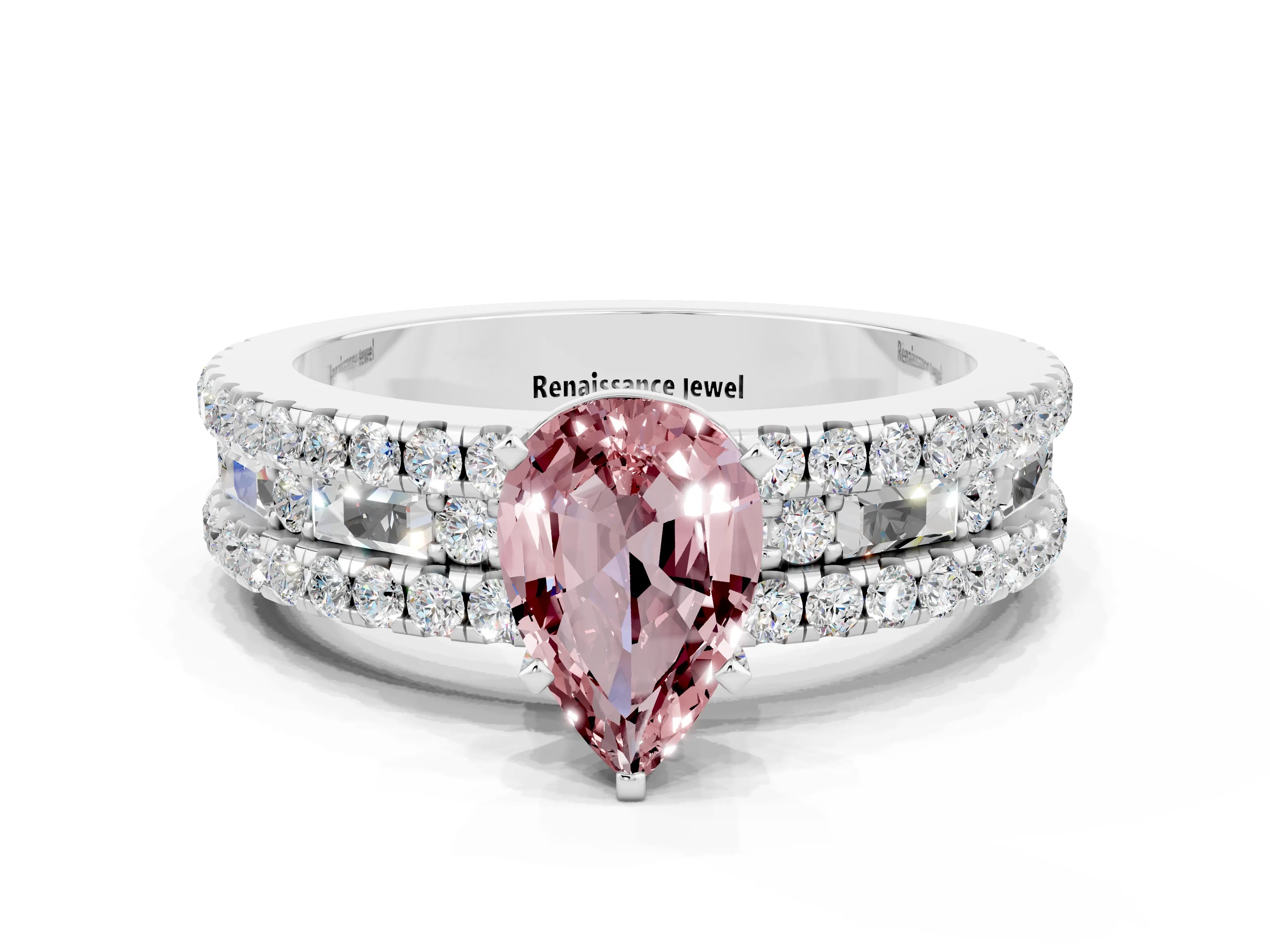 White gold Pear Cut Morganite Solitaire Ring with Pavé and Channel Set Band