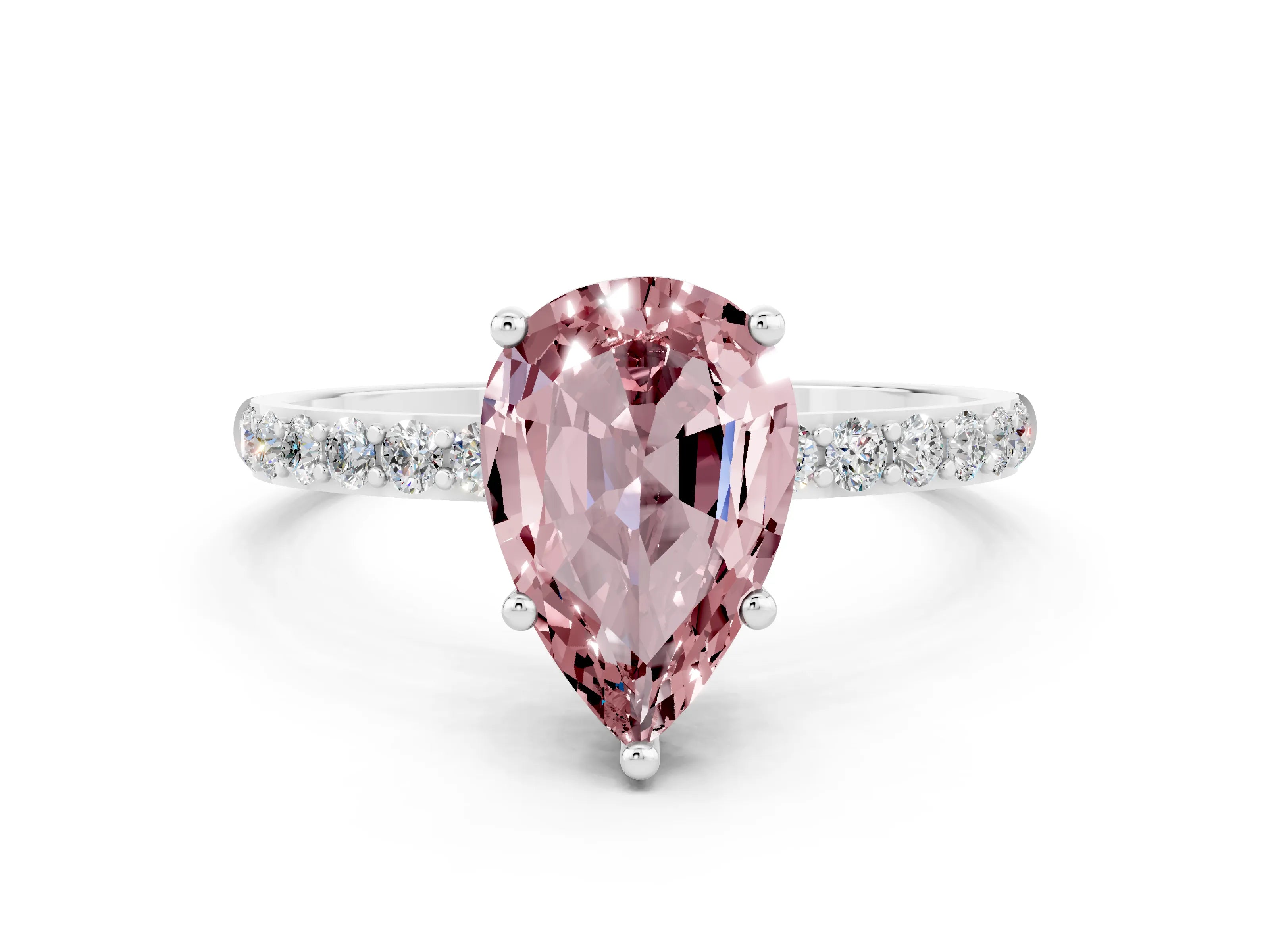 White gold Pear Cut Morganite Solitaire Ring with Pave Band and Four Prong Setting_12