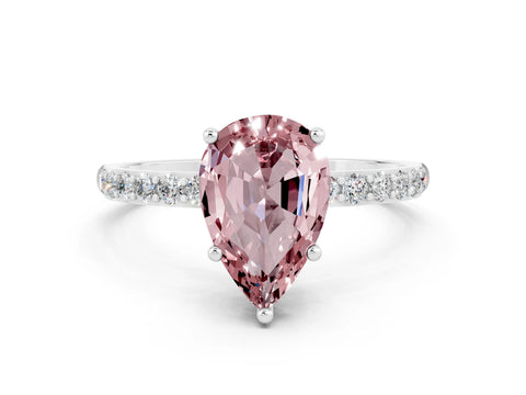 White gold Pear Cut Morganite Solitaire Ring with Pave Band and Four Prong Setting_12