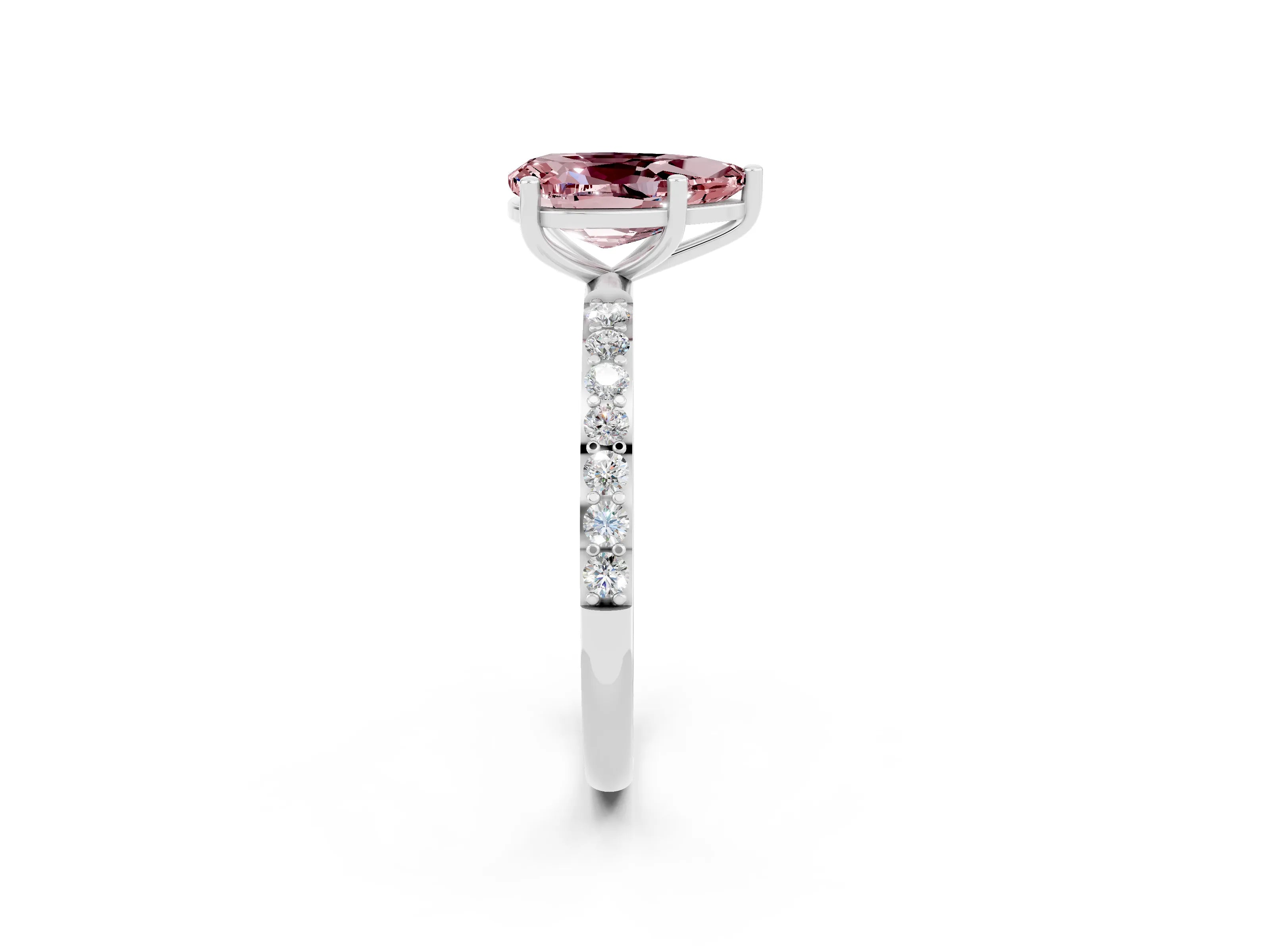 White gold Pear Cut Morganite Solitaire Ring with Pave Band and Four Prong Setting_14