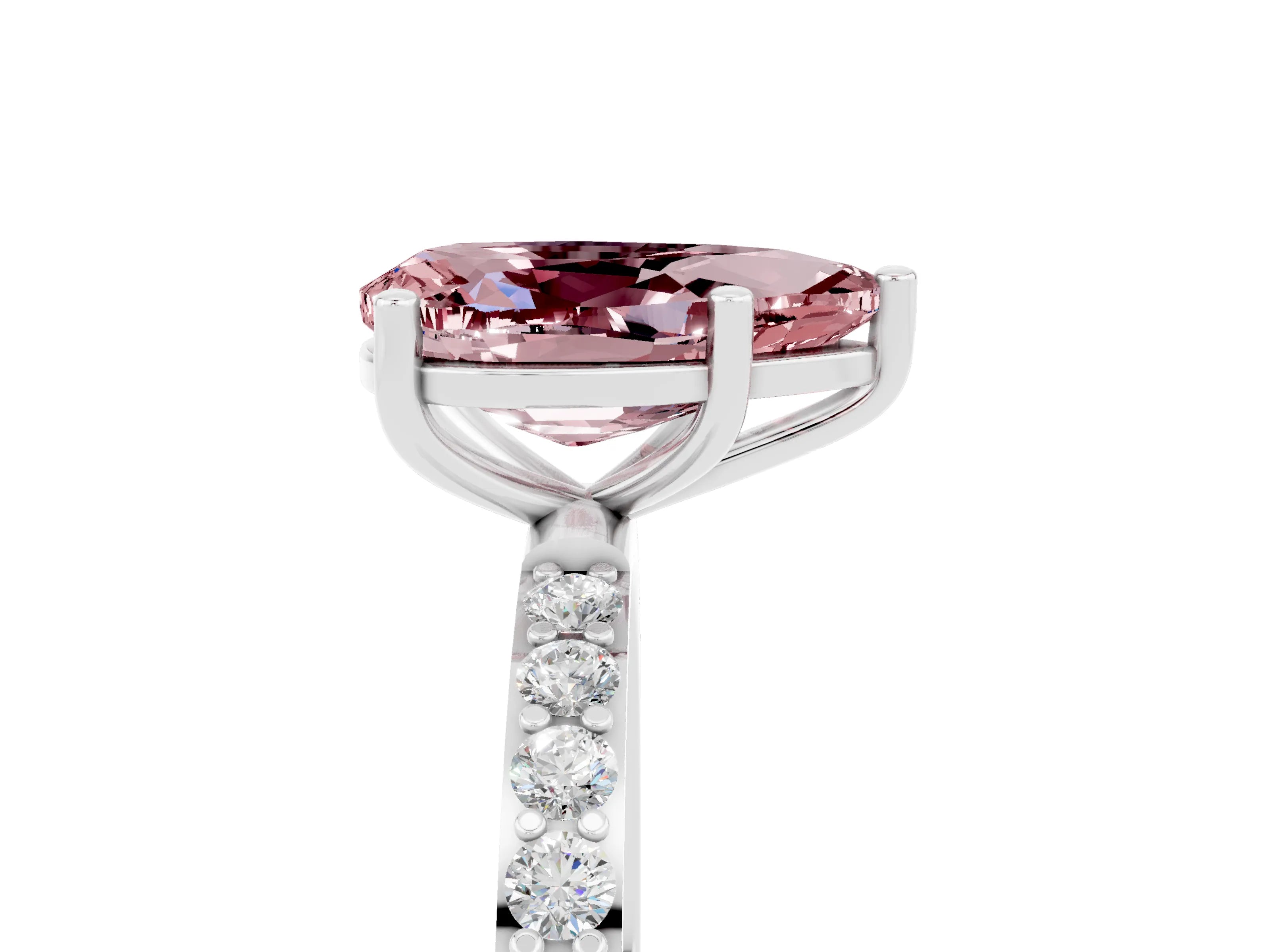 White gold Pear Cut Morganite Solitaire Ring with Pave Band and Four Prong Setting_17