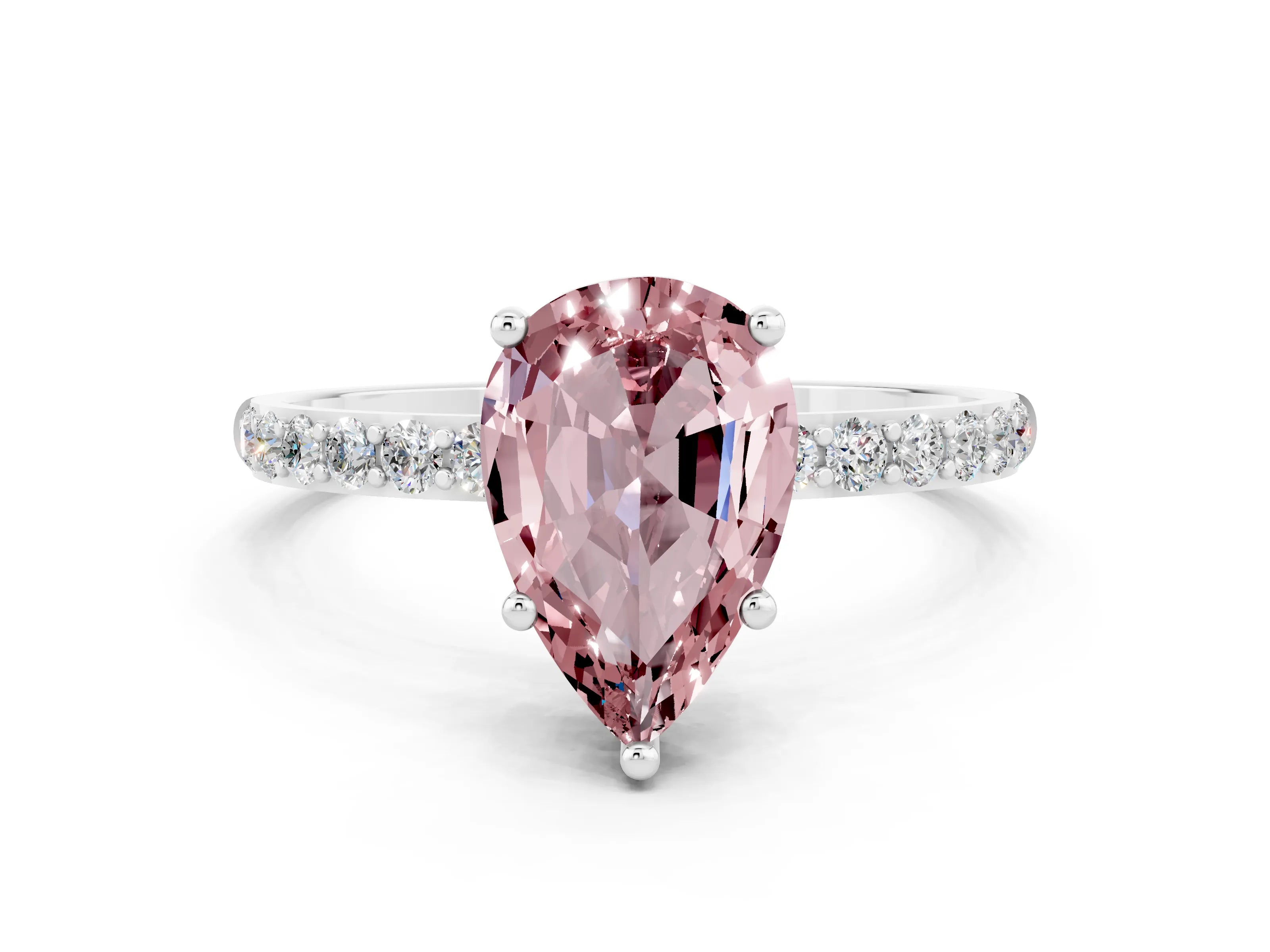 White gold Pear Cut Morganite Solitaire Ring with Pave Band and Four Prong Setting_24