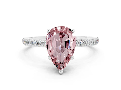 White gold Pear Cut Morganite Solitaire Ring with Pave Band and Four Prong Setting_24
