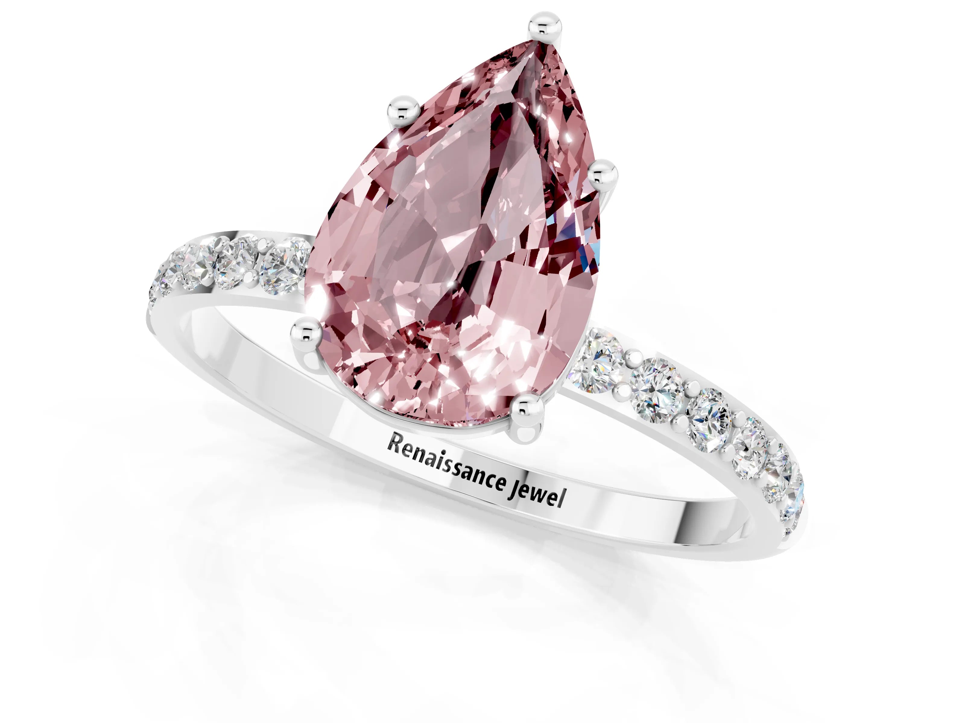 White gold Pear Cut Morganite Solitaire Ring with Pave Band and Four Prong Setting_25
