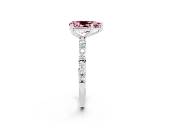 Silver Pear Cut Morganite Solitaire Ring with Round  Pavé Band and Prong Setting
