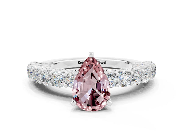 Platinum Pear Cut Morganite Solitaire Ring with Shared Prong Pavé Band and Four-Prong Setting