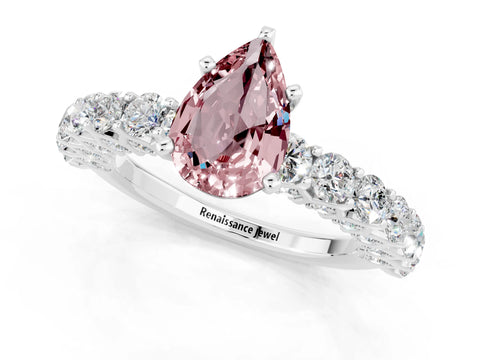 White gold Pear Cut Morganite Solitaire Ring with Shared Prong Pavé Band and Four-Prong Setting_1