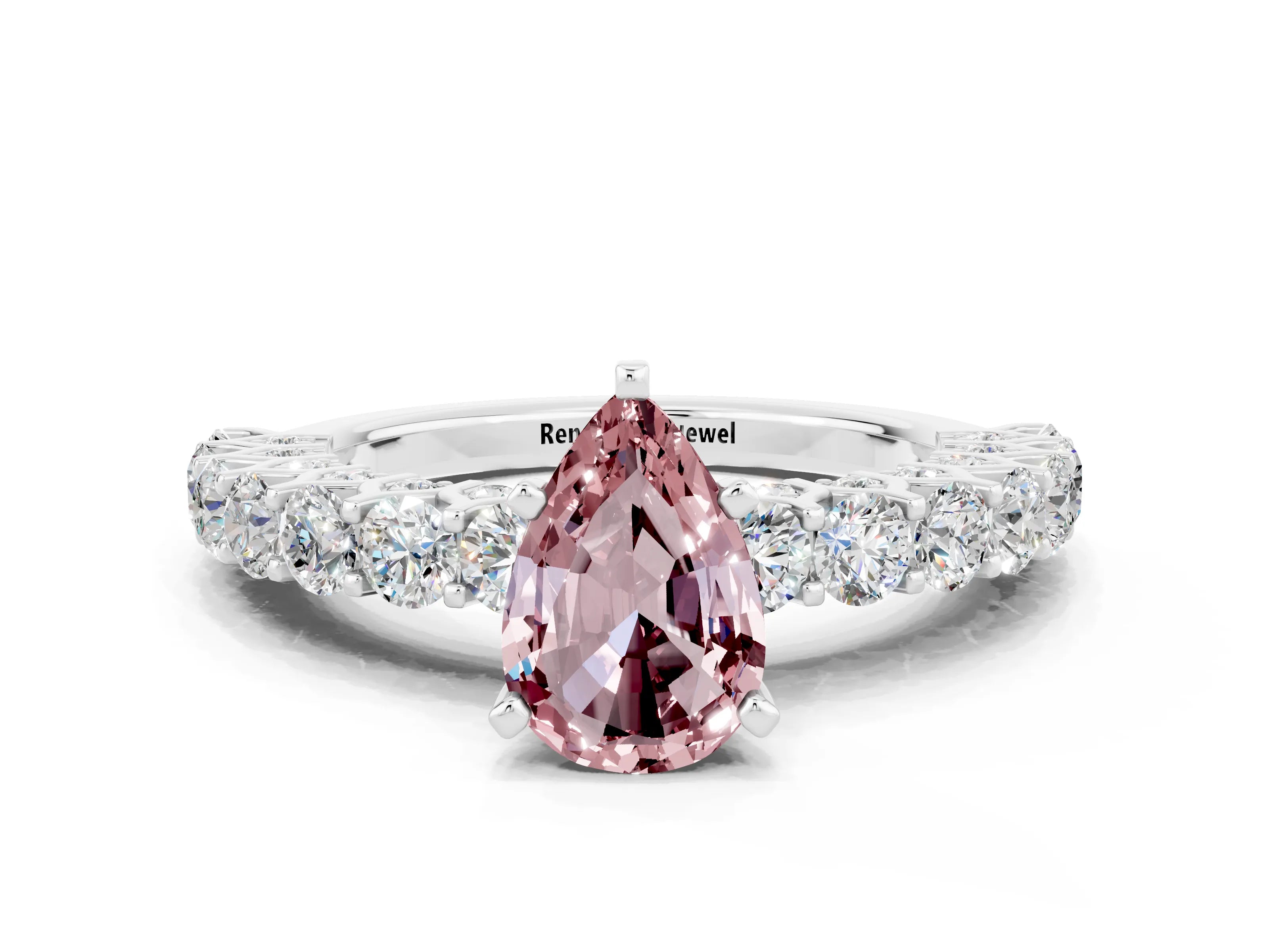 White gold Pear Cut Morganite Solitaire Ring with Shared Prong Pavé Band and Four-Prong Setting