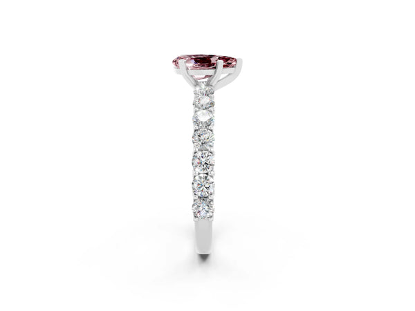 Silver Pear Cut Morganite Solitaire Ring with Shared Prong Pavé Band and Four-Prong Setting