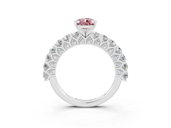 Silver Pear Cut Morganite Solitaire Ring with Shared Prong Pavé Band and Four-Prong Setting