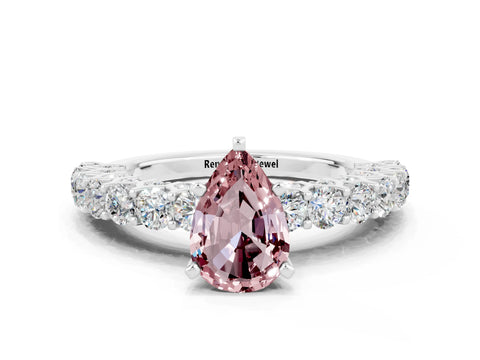 White gold Pear Cut Morganite Solitaire Ring with Shared Prong Pavé Band and Four-Prong Setting