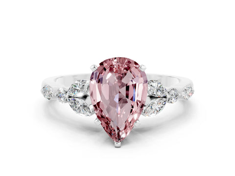 White gold Pear Cut Morganite Solitaire Ring with Side Stones and Four-Prong Setting_48