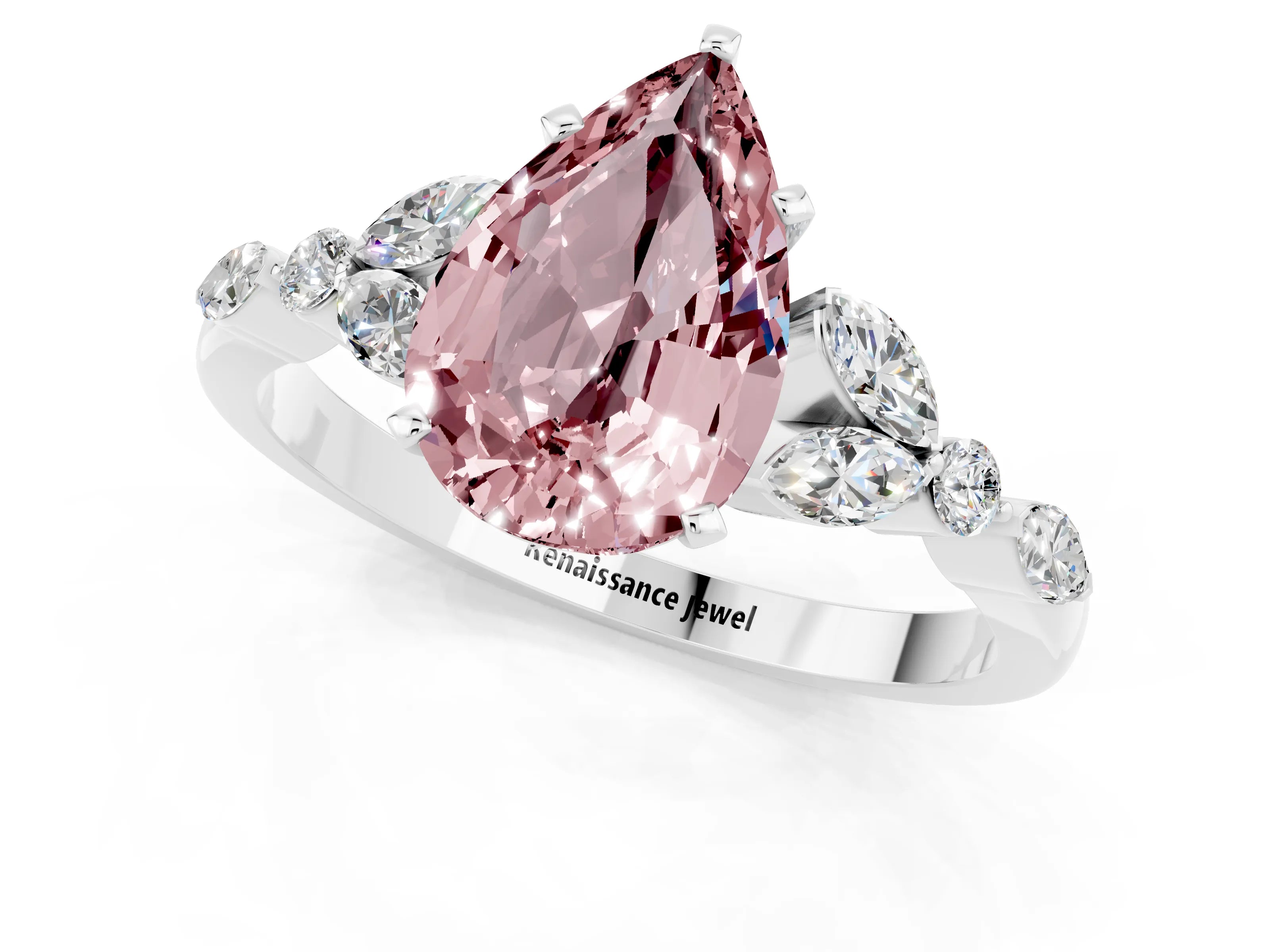 White gold Pear Cut Morganite Solitaire Ring with Side Stones and Four-Prong Setting_49
