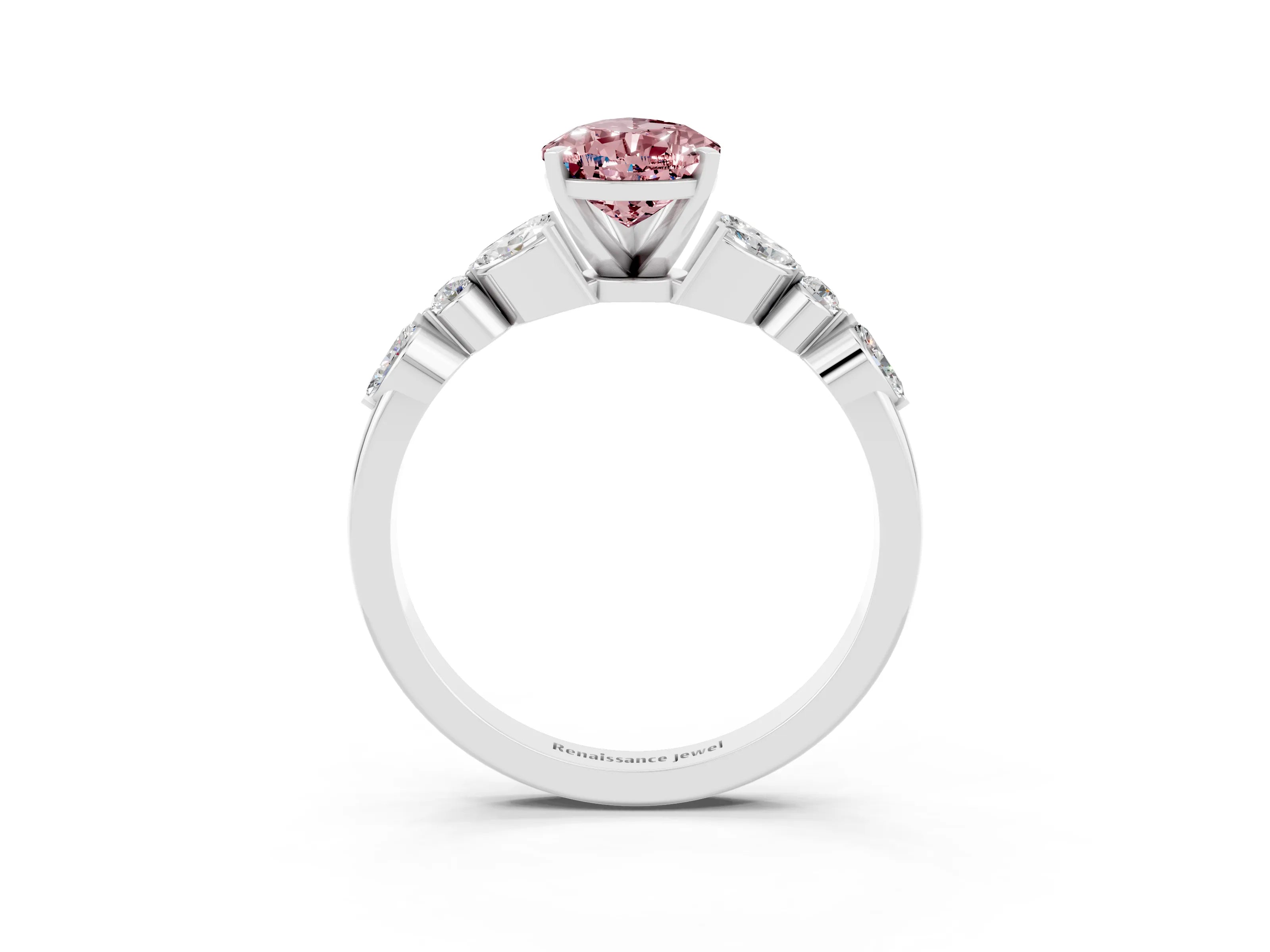 White gold Pear Cut Morganite Solitaire Ring with Side Stones and Four-Prong Setting_51