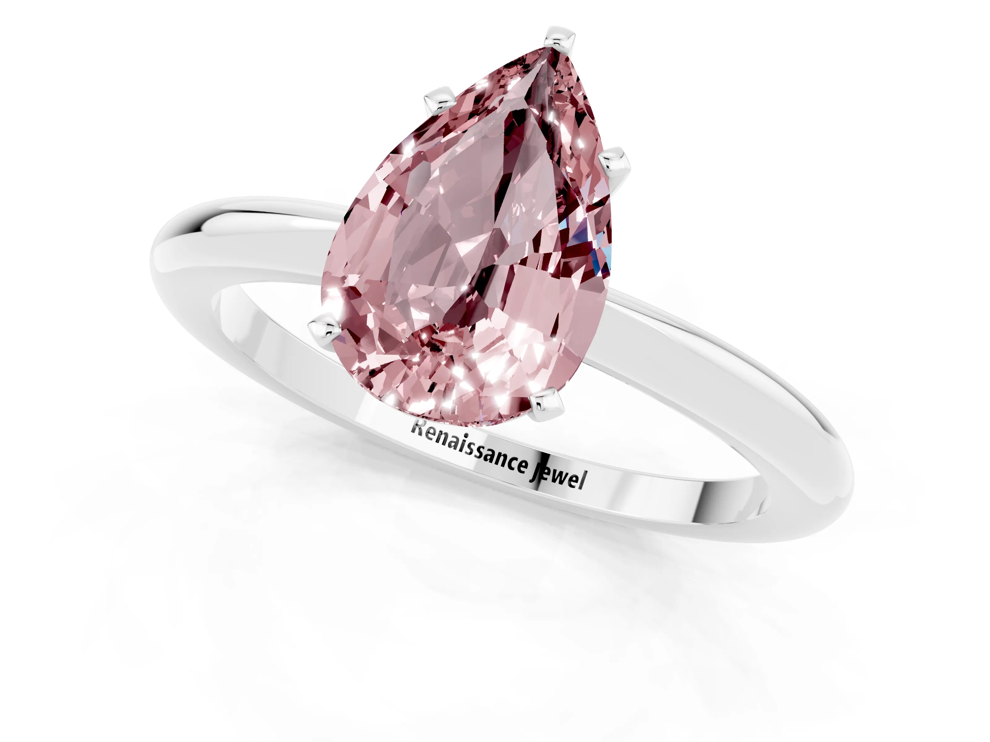 White gold Pear Cut Morganite Solitaire Ring with Six-Prong Setting and Classic Band_1