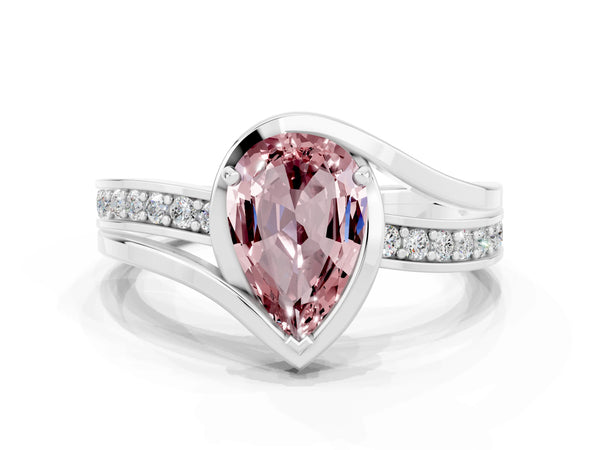 Platinum Pear Cut Morganite Solitaire Ring with Split Shank and Prong Setting