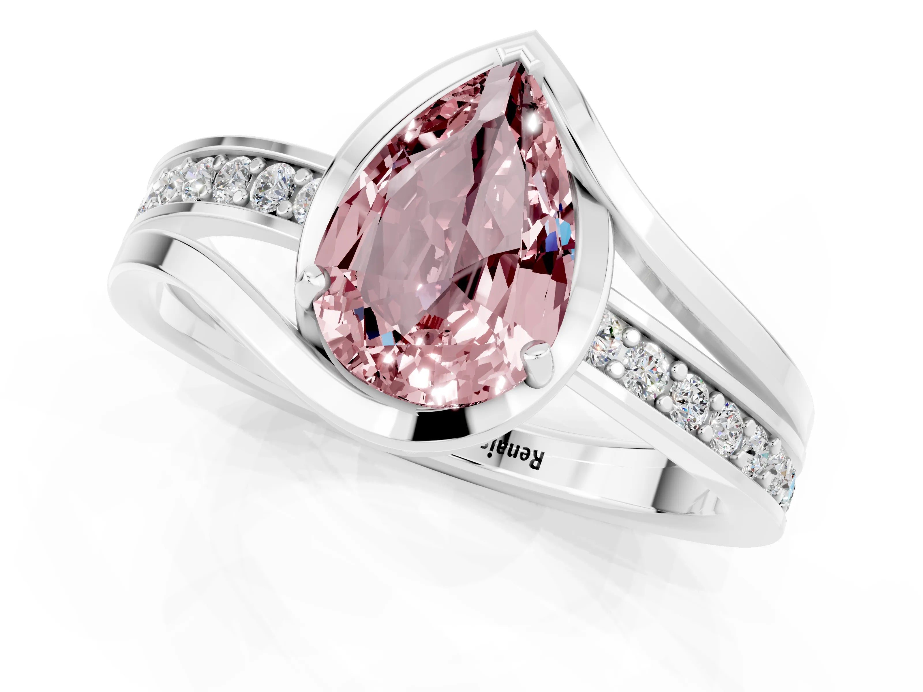 White gold Pear Cut Morganite Solitaire Ring with Split Shank and Prong Setting_1