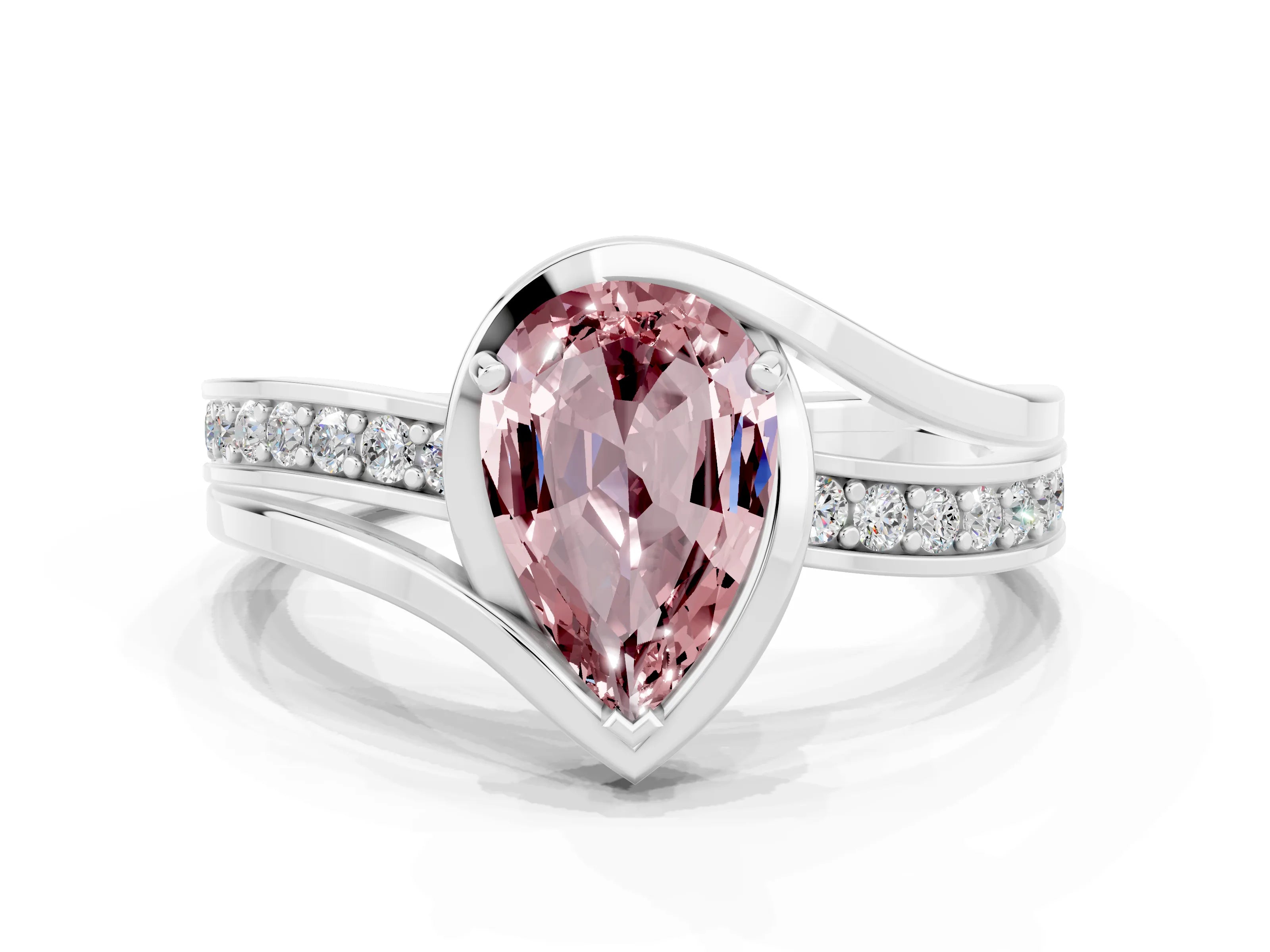White gold Pear Cut Morganite Solitaire Ring with Split Shank and Prong Setting
