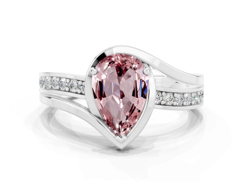White gold Pear Cut Morganite Solitaire Ring with Split Shank and Prong Setting