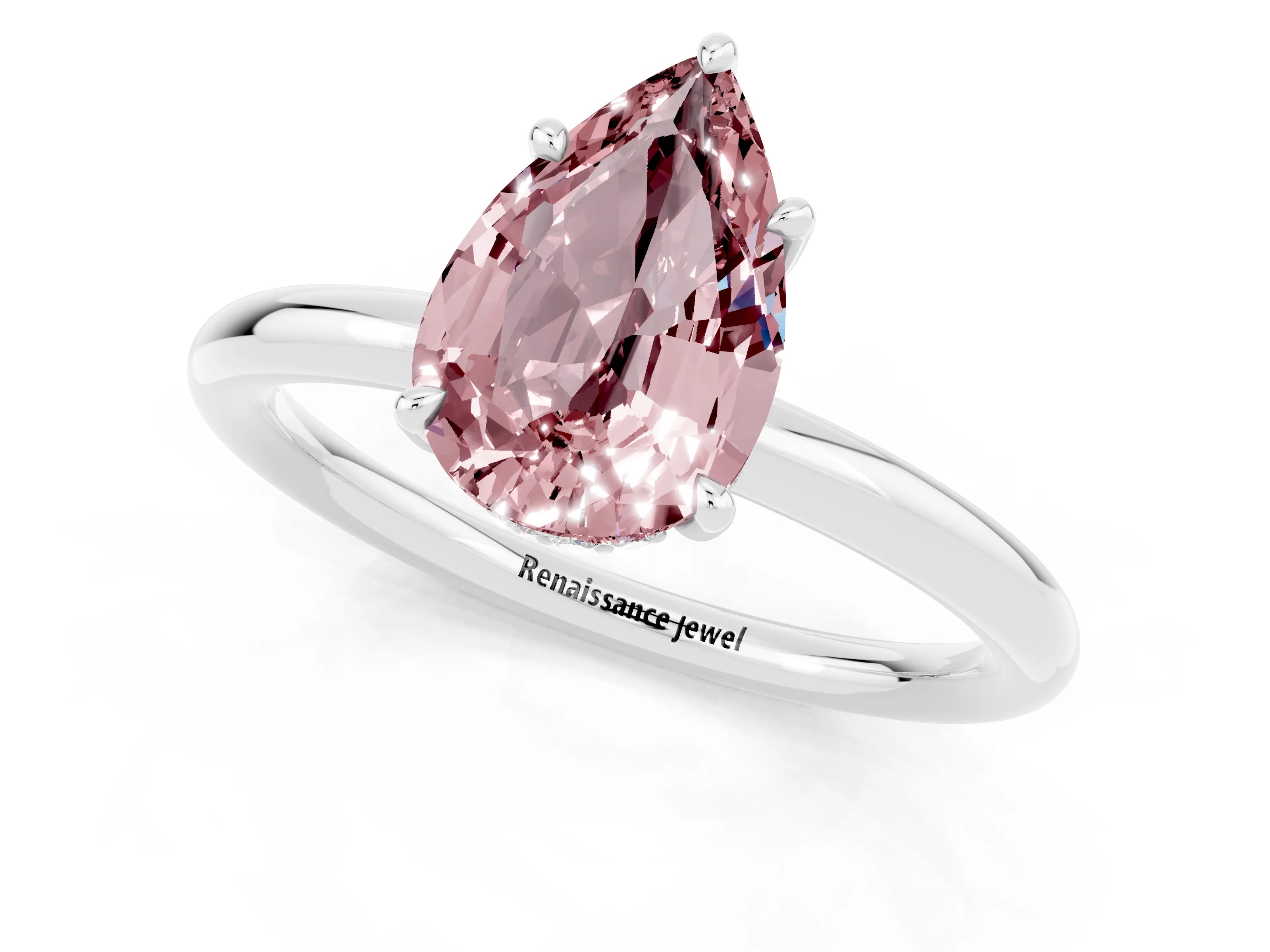 White gold Pear Cut Morganite Solitaire Ring with Thin Band and Four-Prong Setting_13