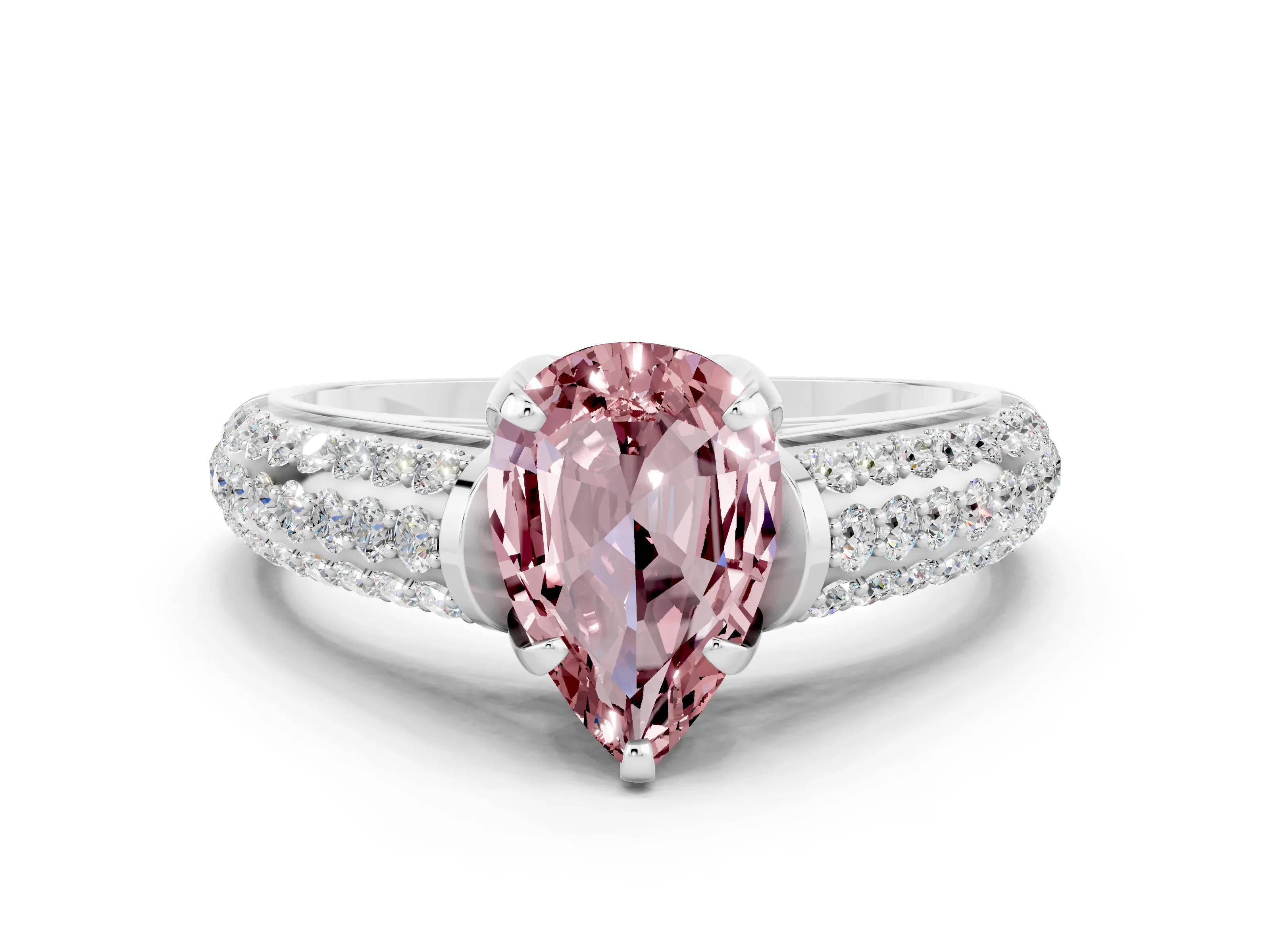 White gold Pear Cut Morganite Solitaire Ring with Three-Row Pavé Band and Four-Prong Setting_12