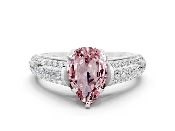 Platinum Pear Cut Morganite Solitaire Ring with Three-Row Pavé Band and Four-Prong Setting