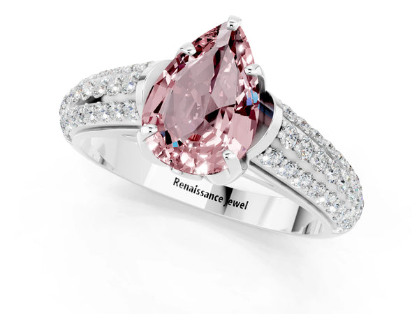 Platinum Pear Cut Morganite Solitaire Ring with Three-Row Pavé Band and Four-Prong Setting