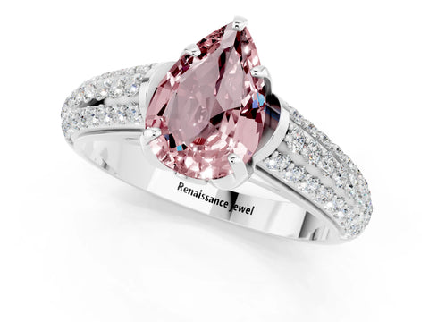 White gold Pear Cut Morganite Solitaire Ring with Three-Row Pavé Band and Four-Prong Setting_13