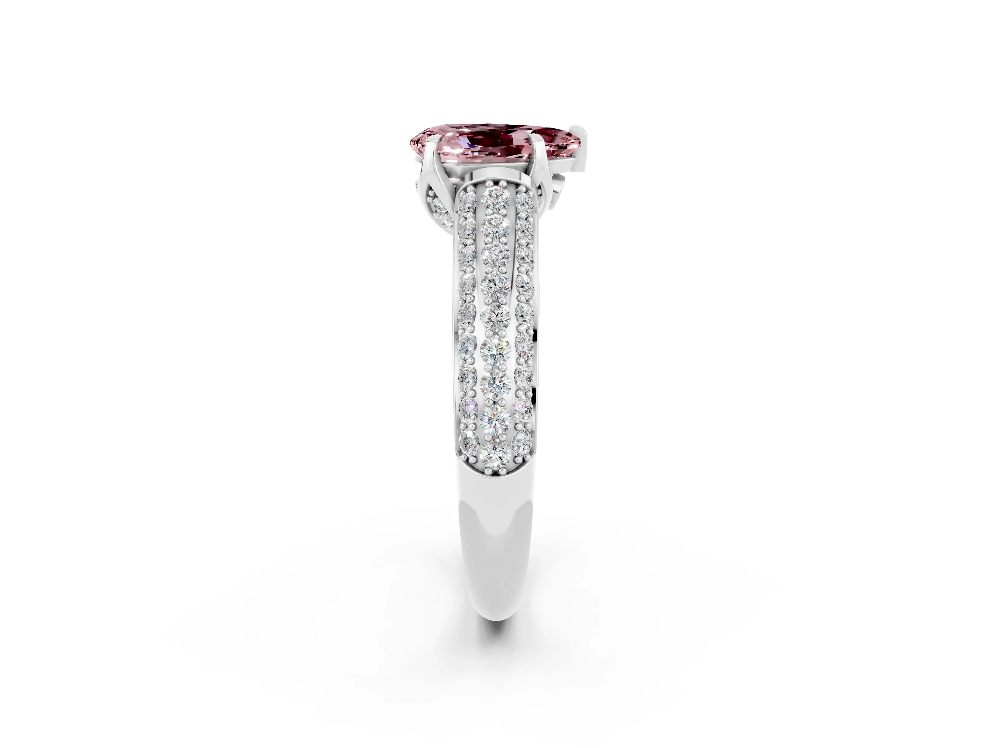 White gold Pear Cut Morganite Solitaire Ring with Three-Row Pavé Band and Four-Prong Setting_14